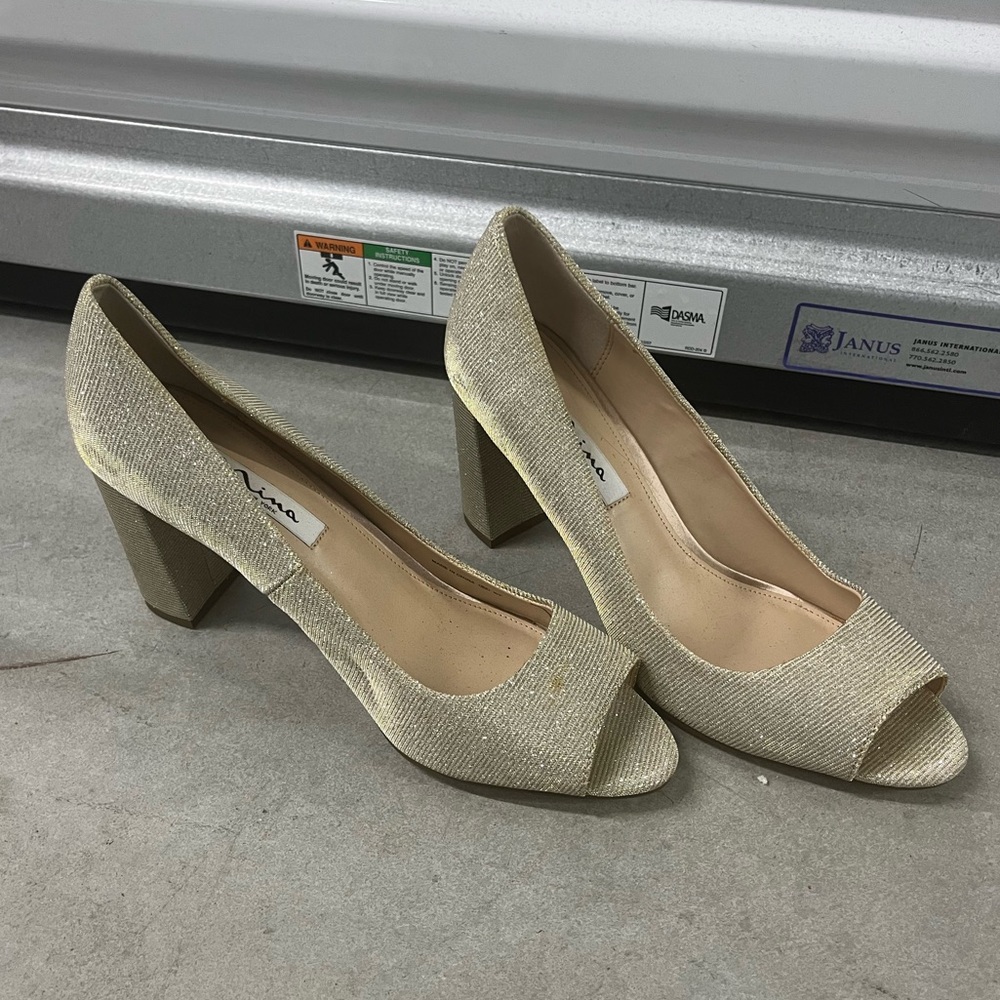 Nina peep toe silver/gold metallic heels 9.5
